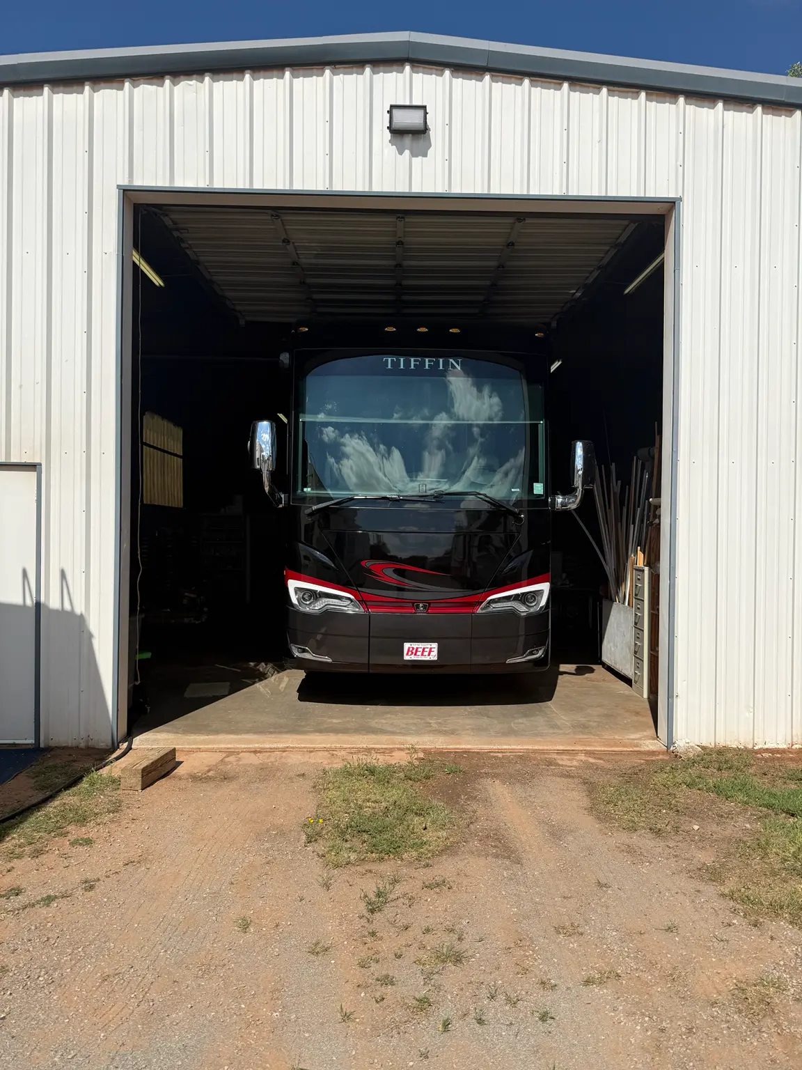 Tiffin motorhome in the Elk City RV Service shop bay